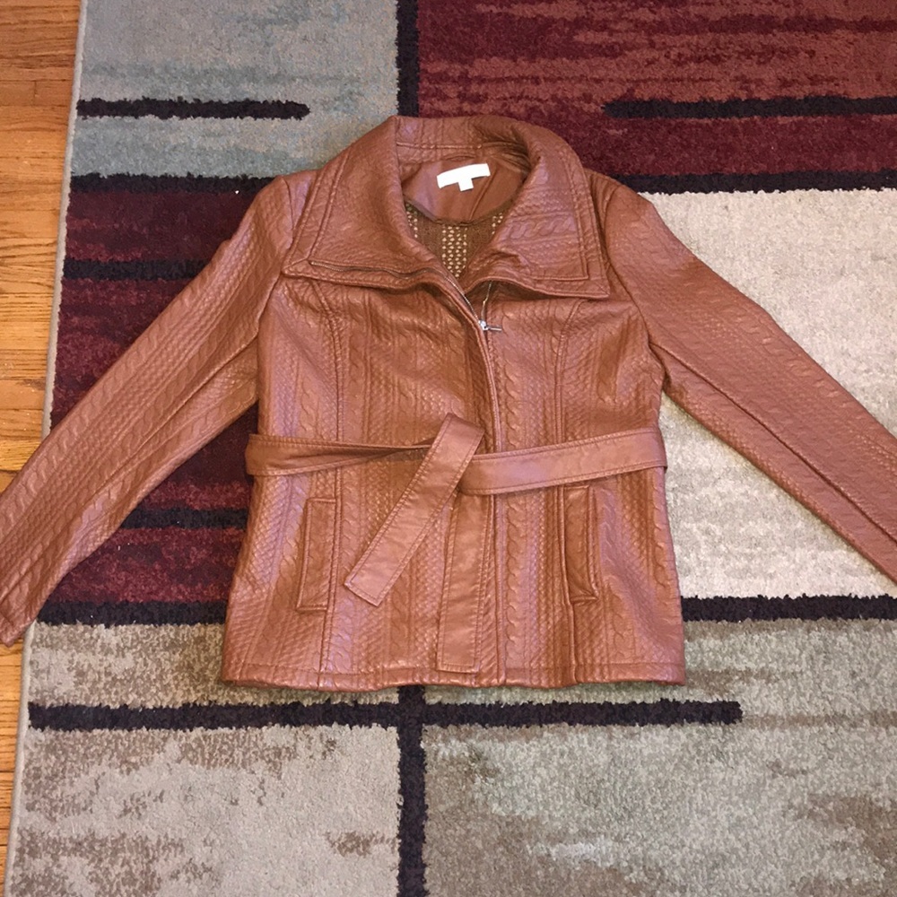 Cognac Faux Leather Belted Coat